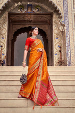 Load image into Gallery viewer, Soft Silk Saree - Orange x Red
