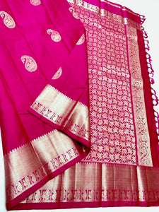 Hot Pink x Maanga - Pure Kanjivaram Silk Saree with White Gold Zari