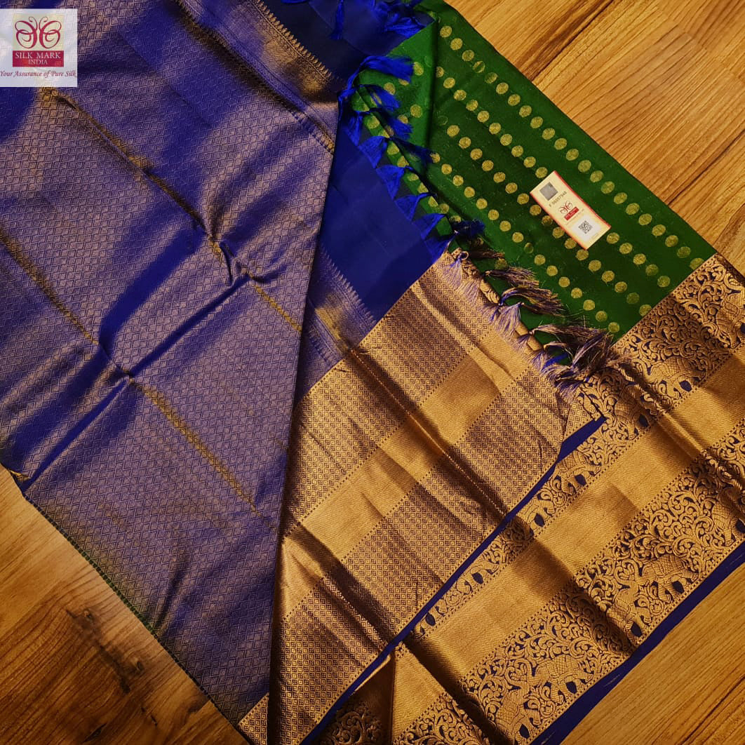 Dark Green x Dark Blue - Pure Kanjivaram Silk Saree with Tissue Zari