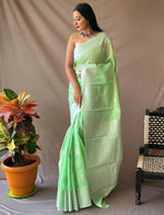Load image into Gallery viewer, Linen silk x Silver zari - Light Green
