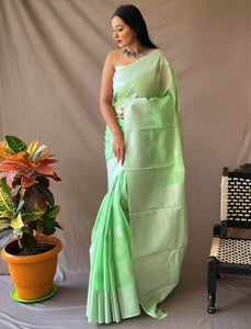 Linen silk x Silver zari - Light Green