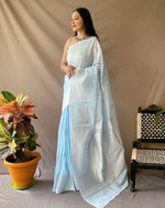 Load image into Gallery viewer, Linen silk x Silver zari - Pastel Blue
