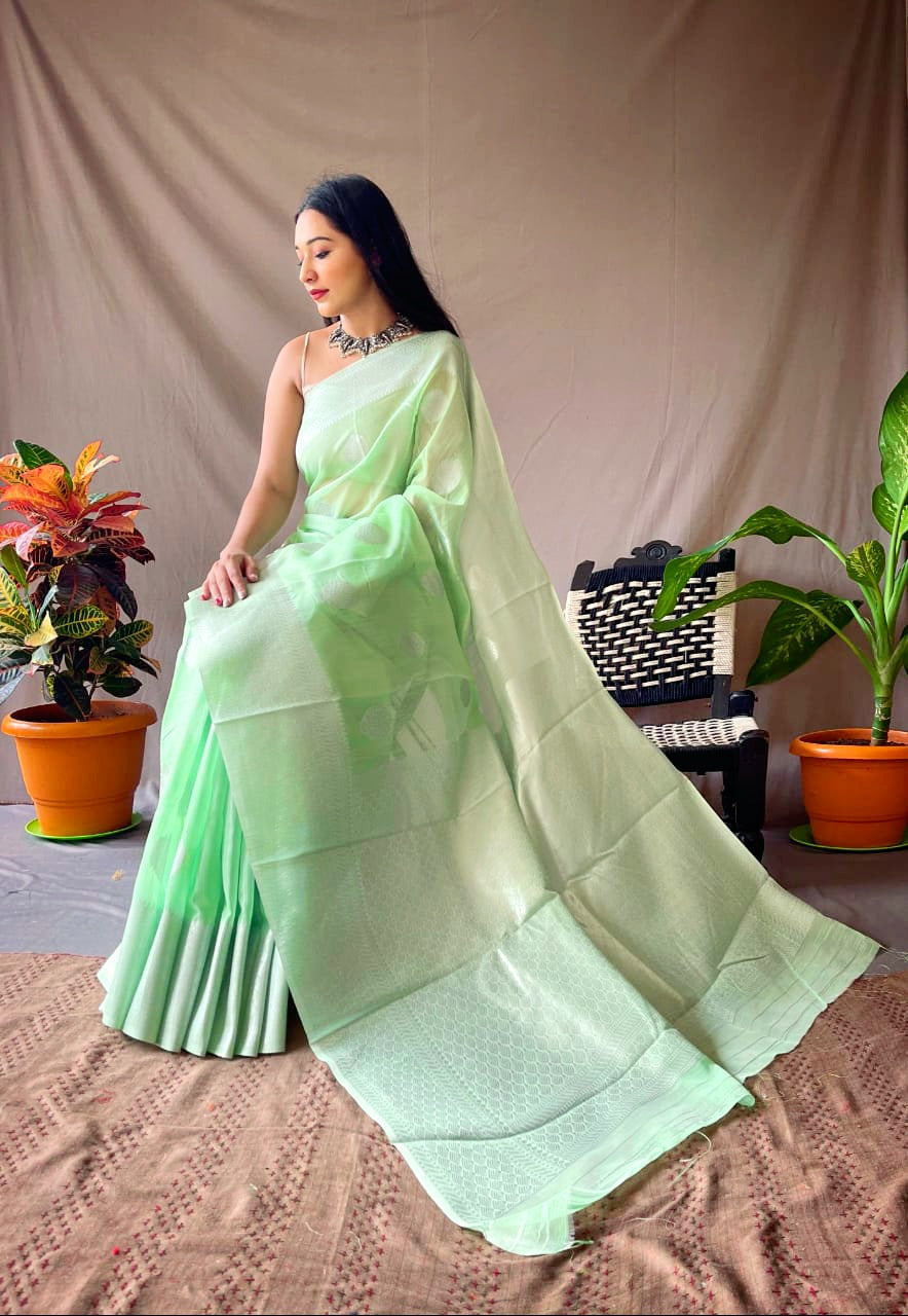 Linen silk x Silver zari - Light Green