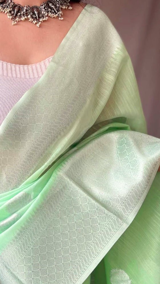 Linen silk x Silver zari - Light Green