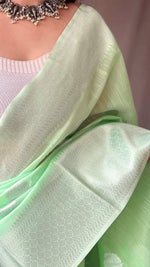 Load image into Gallery viewer, Linen silk x Silver zari - Light Green
