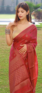 Load image into Gallery viewer, Soft Linen Cotton Saree - Raspberry
