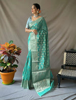 Load image into Gallery viewer, Linen silk x Champagne zari - Turquoise
