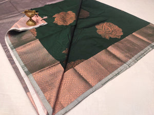 Semi Silk x Copper Zari Saree - Dark Green