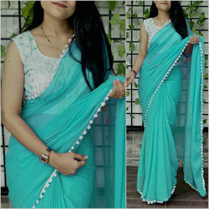 PomPom x Georgette Saree : Blue