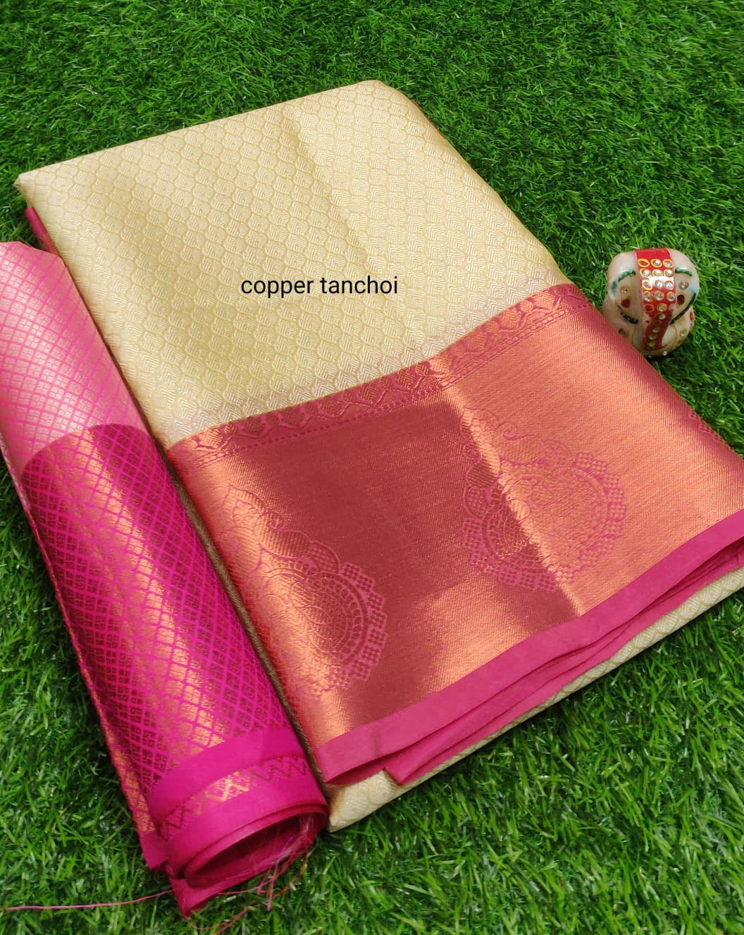 Banarasi , Kora Muslin Saree - Cream x Pink (copper zari)