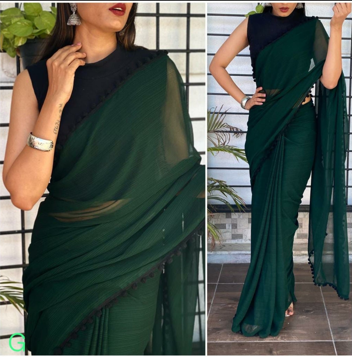 PomPom x Georgette Saree : Dark Green