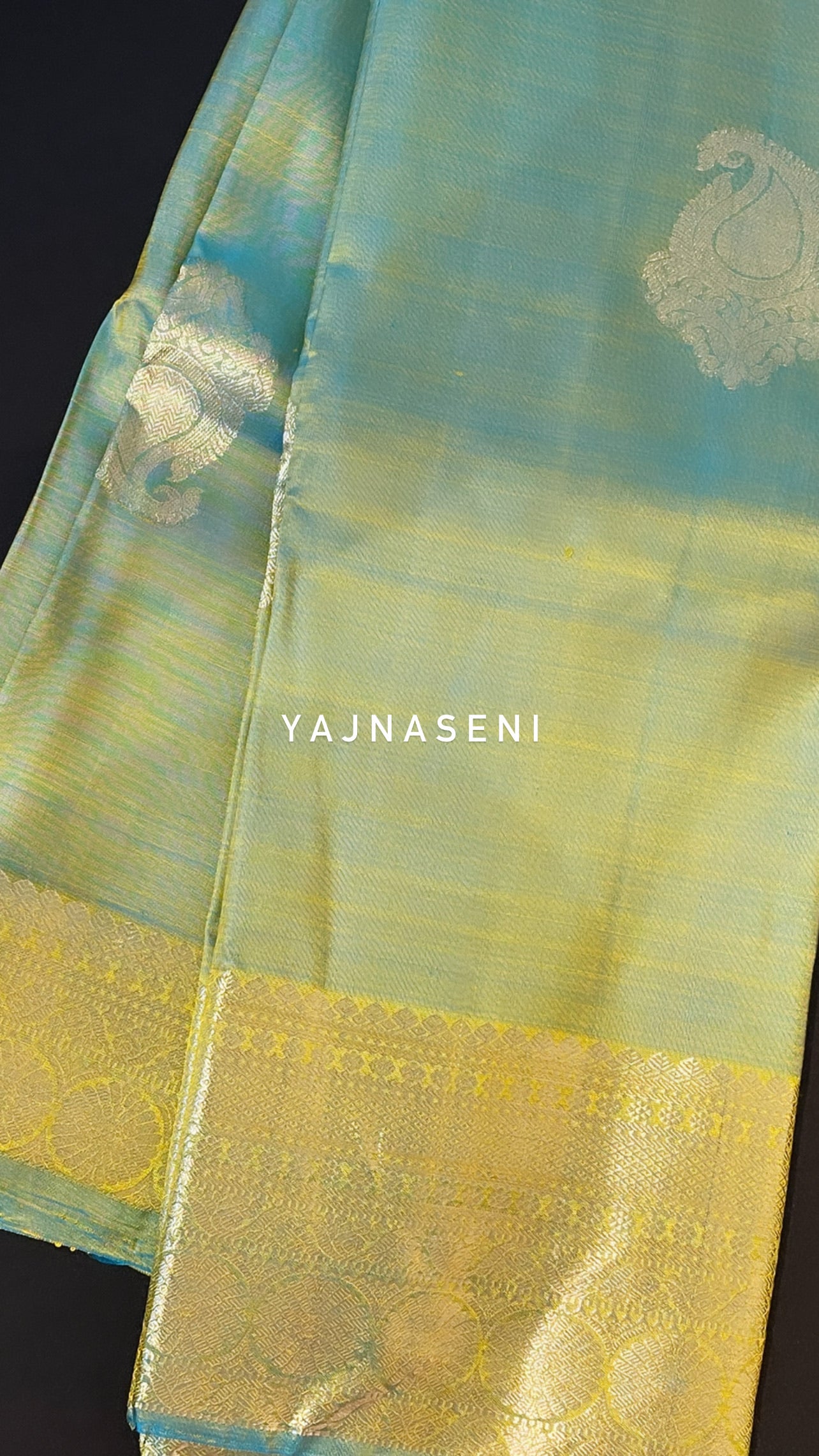 Cerulean x Mustard- Pure Kanjivaram Silk Saree with White Gold Zari