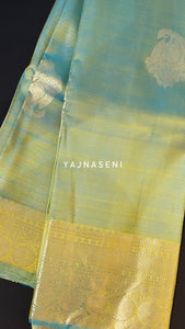 Cerulean x Mustard- Pure Kanjivaram Silk Saree with White Gold Zari