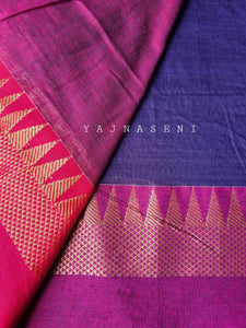Soft Khadi Saree , temple border - Dark blue x Purple