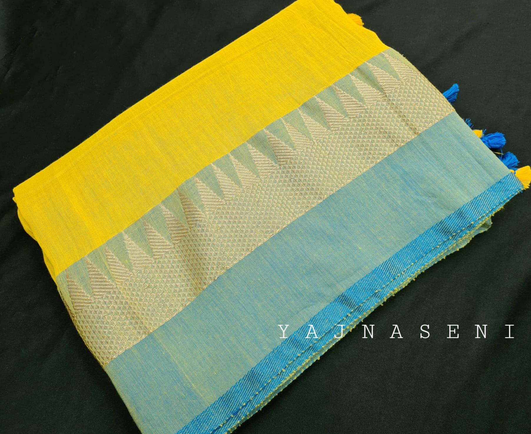 Soft Khadi Saree , temple border - Yellow x Sky blue