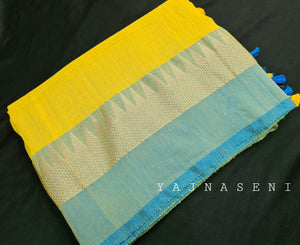 Soft Khadi Saree , temple border - Yellow x Sky blue