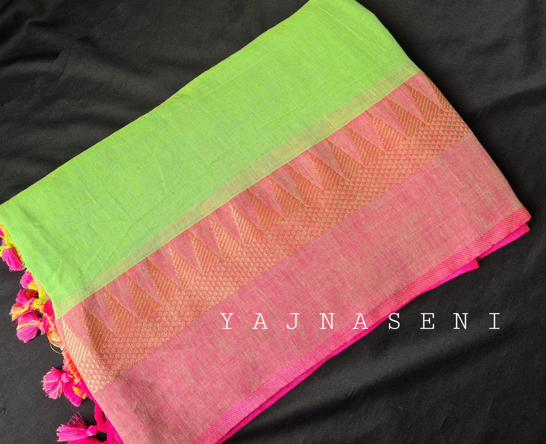 Soft Khadi Saree , temple border - Light Green x Pink