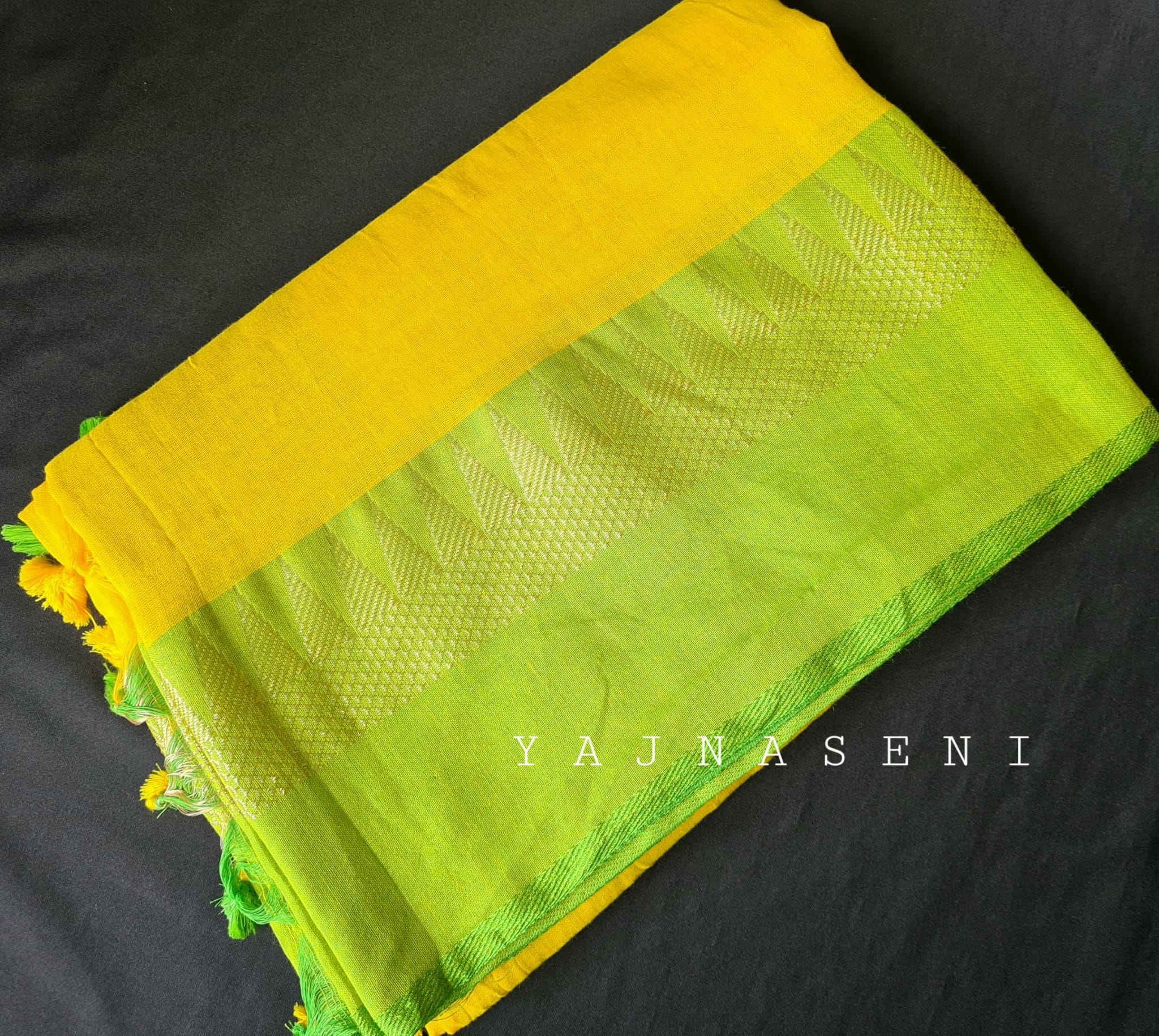 Soft Khadi Saree , temple border - Yellow x Lime green