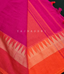 Soft Khadi Saree , temple border - Hot pink x orange