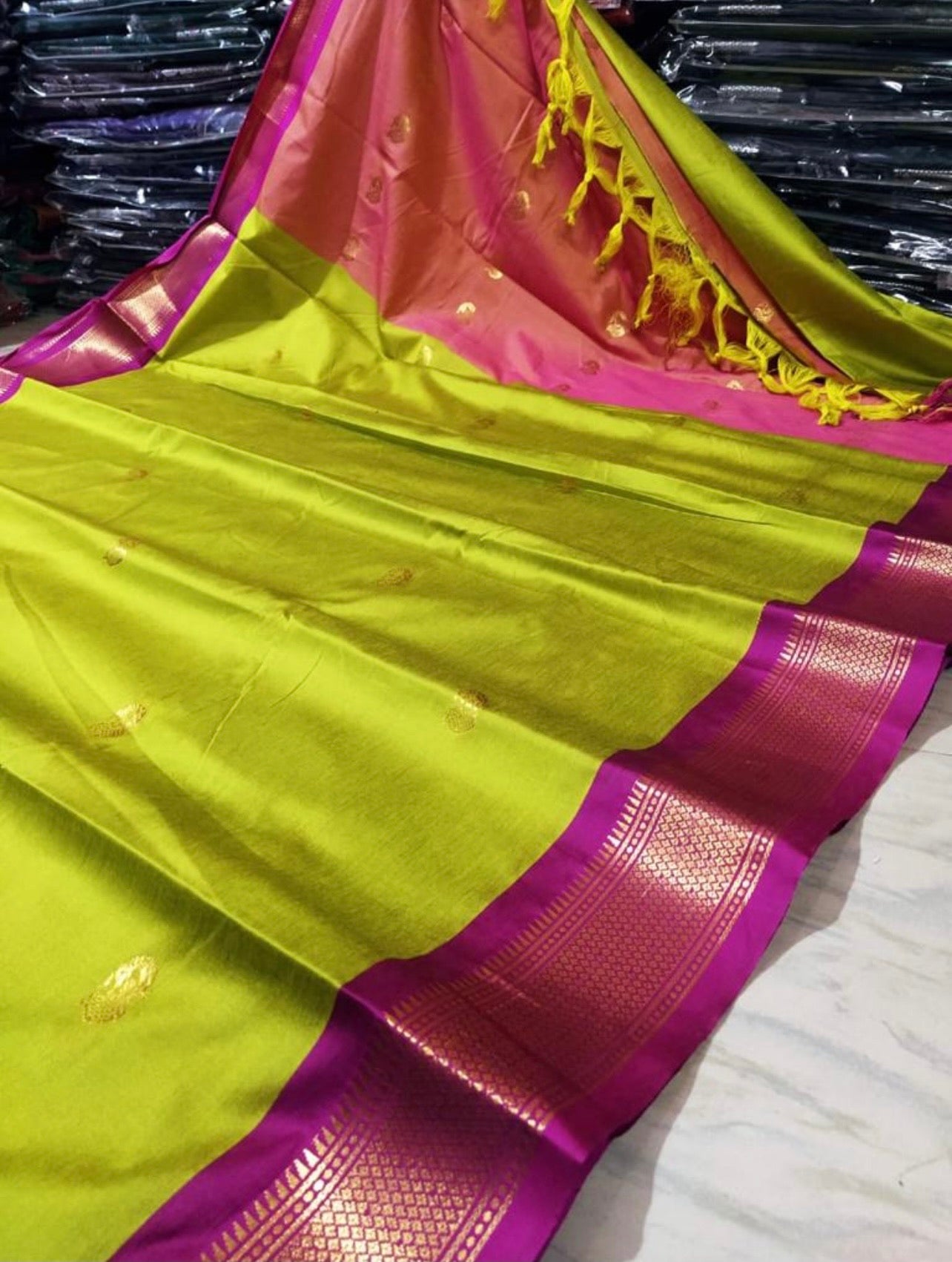Cotton Silk Saree - Pear Green x Pink
