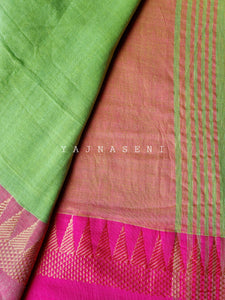 Soft Khadi Saree , temple border - Light Green x Pink