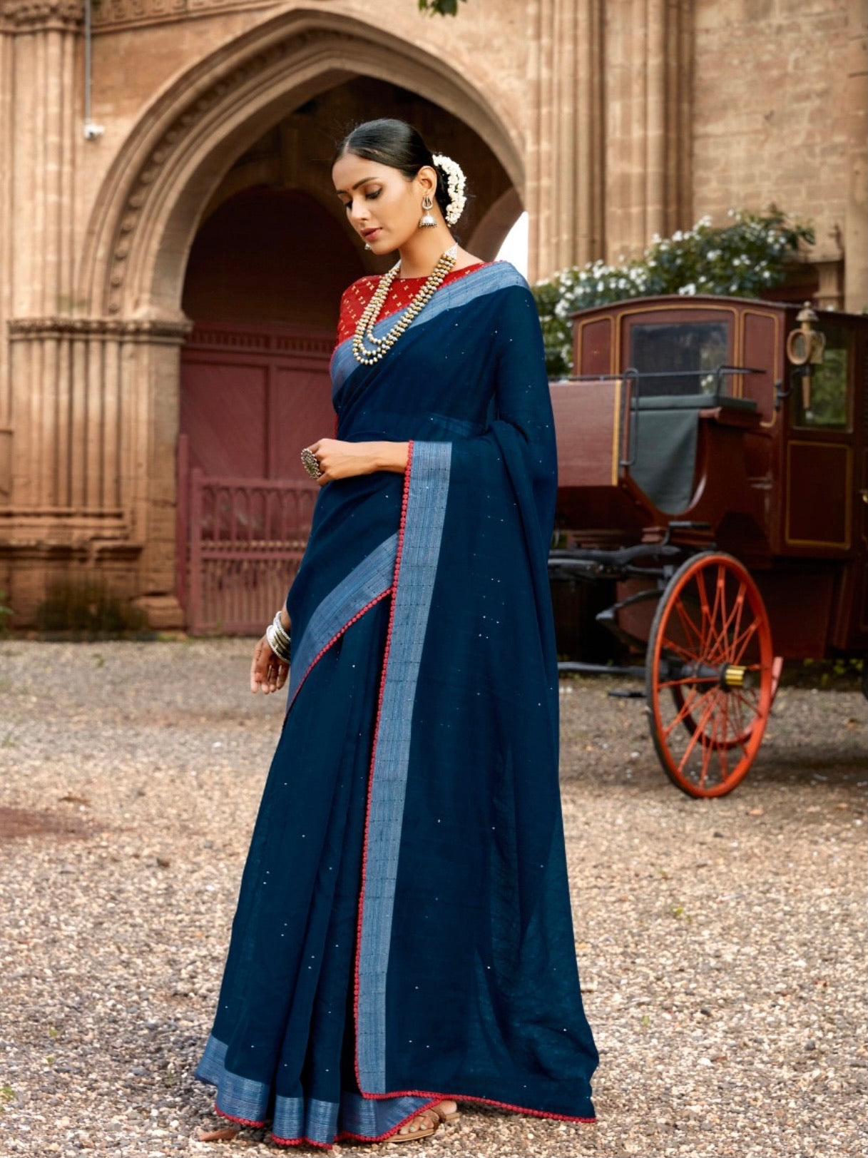 Linen Saree - Deep Blue x Red