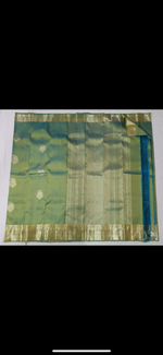 Load image into Gallery viewer, Cerulean x Mustard- Pure Kanjivaram Silk Saree with White Gold Zari
