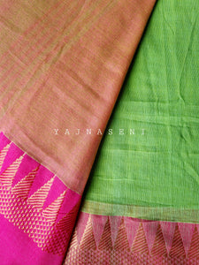 Soft Khadi Saree , temple border - Light Green x Pink