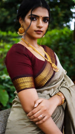 Load image into Gallery viewer, Kalyani Cotton Saree - Ashbrown with Maroon
