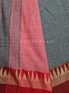 Soft Khadi Saree , temple border - Grey x Maroon