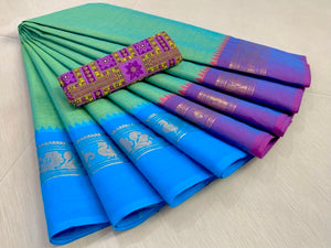 Chettinad Cotton Saree - Seafoam green with purple - blue border