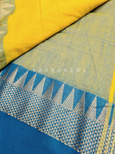Soft Khadi Saree , temple border - Yellow x Sky blue