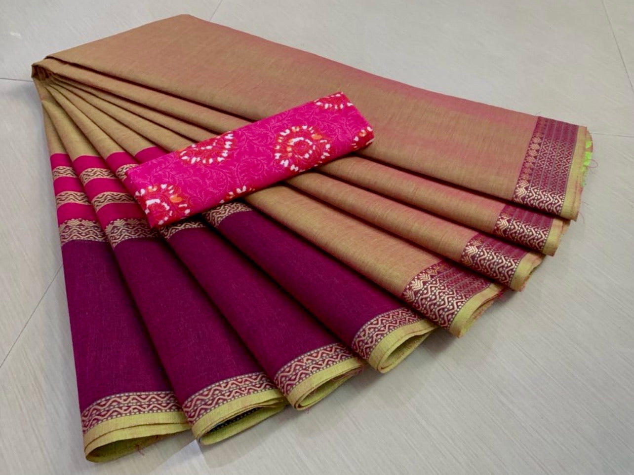 Chettinad Cotton Saree - Green with pink undertone (purple border)