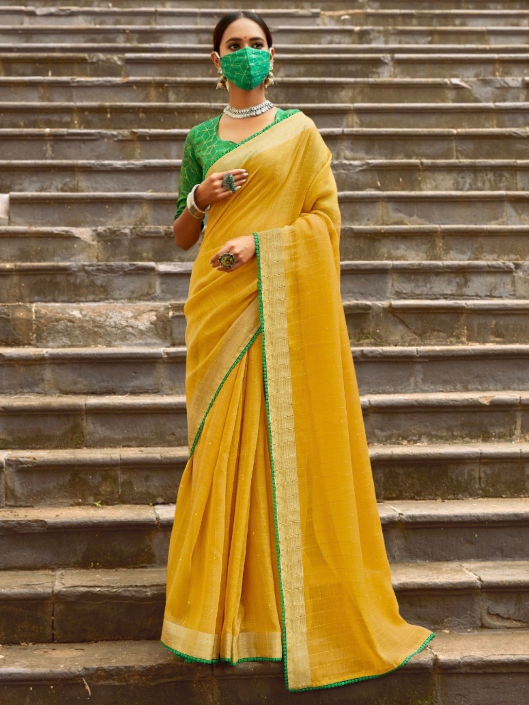 Linen Saree - Yellow x Green