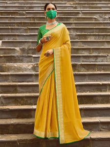 Linen Saree - Yellow x Green
