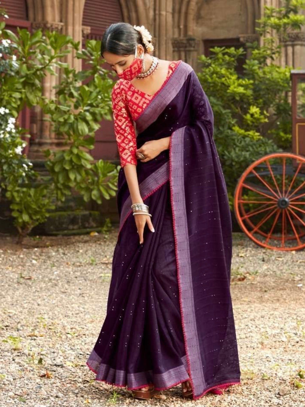 Linen Saree - Purple x Red