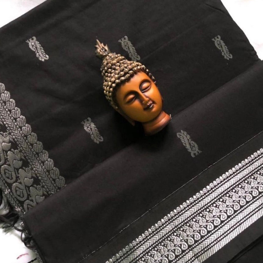 Kalyani Cotton Saree - Silver Zari : Black