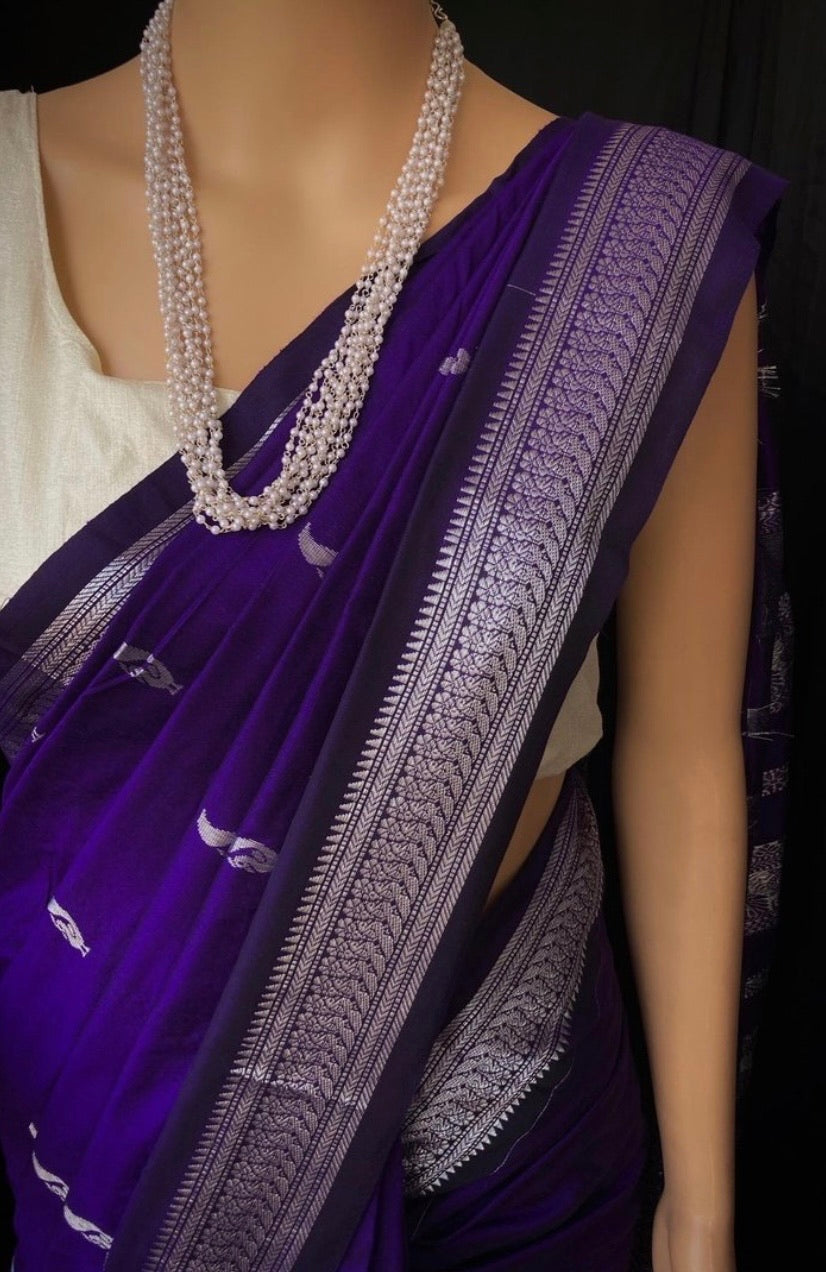 Kalyani Cotton Saree - Silver Zari : Violet