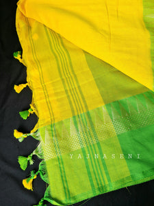 Soft Khadi Saree , temple border - Yellow x Lime green