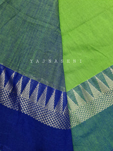 Soft Khadi Saree , temple border - Parrot green x blue