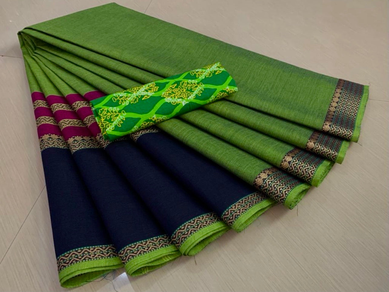 Chettinad Cotton Saree - Green with black undertone (navy border)
