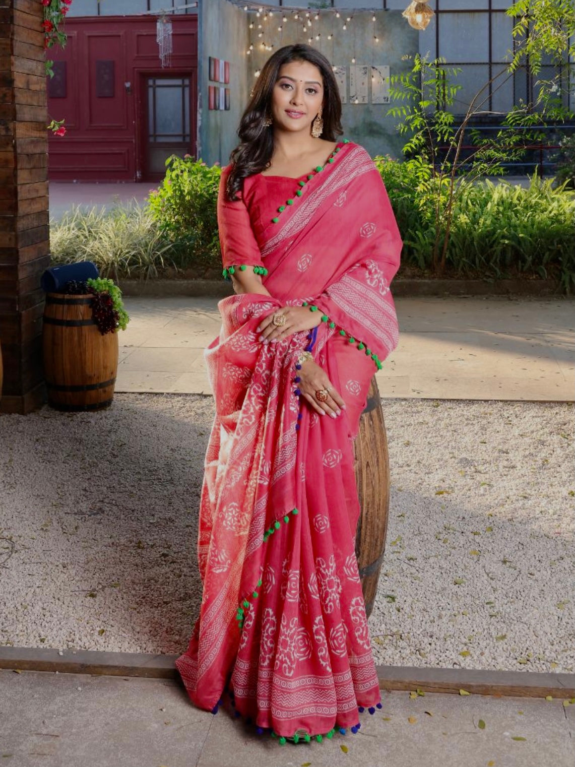 PomPom x Mulmul Cotton Handblock Printed Saree : Strawberry Red
