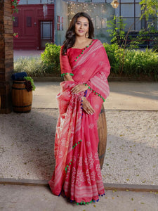 PomPom x Mulmul Cotton Handblock Printed Saree : Strawberry Red