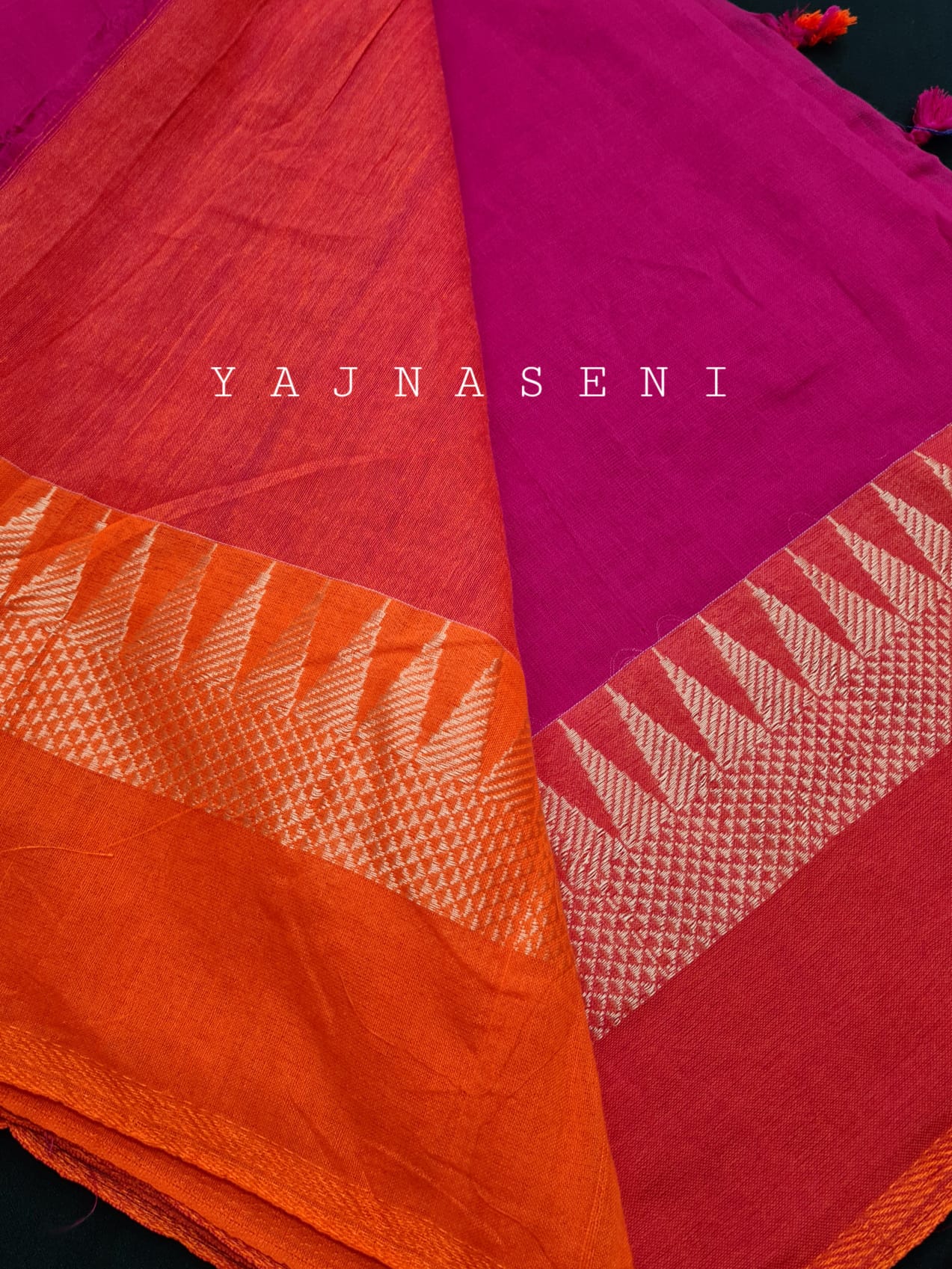 Soft Khadi Saree , temple border - Hot pink x orange
