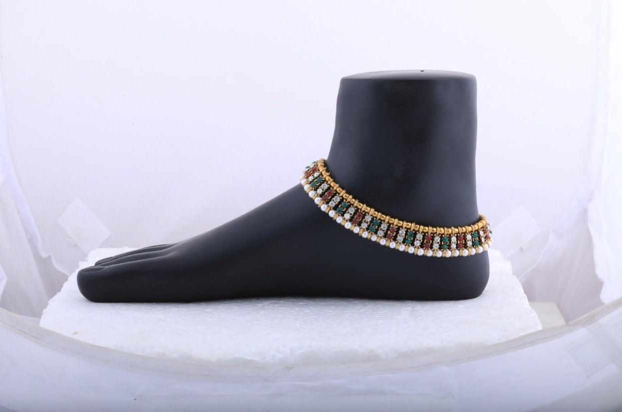 Anklet - Red Green stones (Gold)