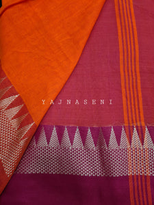 Soft Khadi Saree , temple border - Orange x hot pink